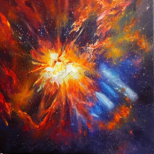 Prompt: An expressive oil painting of a basketball player dunking, depicted as an explosion of a nebula