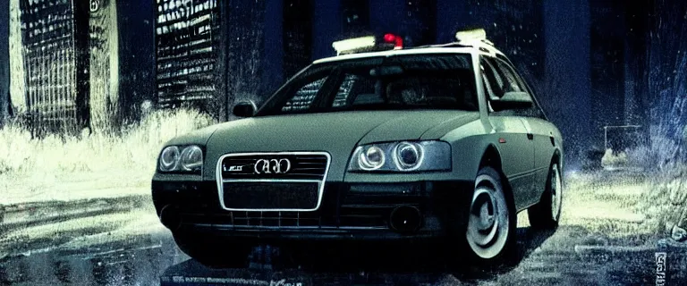 Prompt: Audi A4 B6 Avant (2002) chased by the mafia, a gritty neo-noir, dramatic lighting, cinematic, establishing shot, extremely high detail, photorealistic, cinematic lighting, artstation, by simon stalenhag, Max Payne (PC) (2001) winter new york at night, dark night, bright lights, eldritch horror