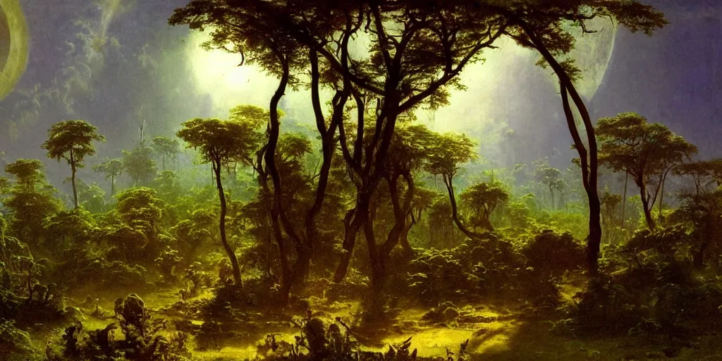 Image similar to landscape image of an extremely alien jungle planet, by Albert Bierstadt