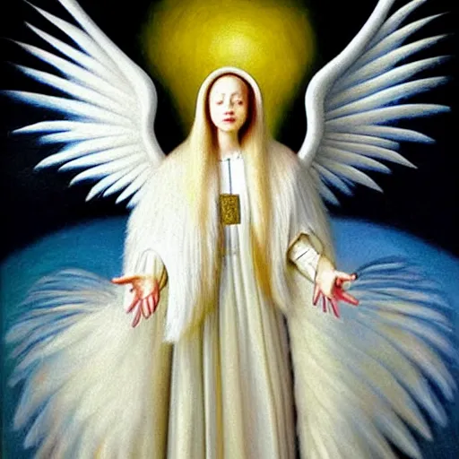 Image similar to highdetailed hyperrealistic painting of white angel!!! no gender!!!, giant ball of miracle light from the chest!!!!!, white sparkles everywhere, 4 k hd fur face!!!, big wings, by jan van eyck, holography space, glow effect, large strokes, white monochrome color!!!!!