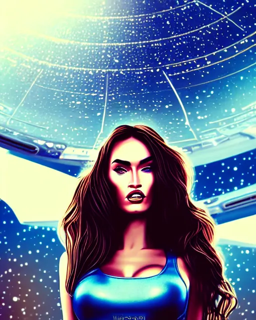 Image similar to closeup beautiful retro space megan fox varga girl, posing on a chrome space ship in diesel punk city, windblown dark hair, seductive, hyper detailed, digital art, smooth, sharp focus,