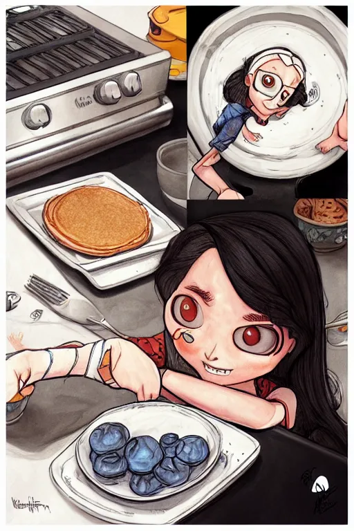 Image similar to katherine taubert making pancakes, animation pixar style, by pendleton ward, magali villeneuve, artgerm, rob rey and kentaro miura style, golden ratio, trending on art station