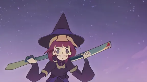 Image similar to Anime Screenshot of a LITTLE WITCH ACADEMIA AKKO HOLDING A KATANA at night, strong blue rimlit, visual-key, Nighttime Moonlit, anime illustration BY STUDIO TRIGGER