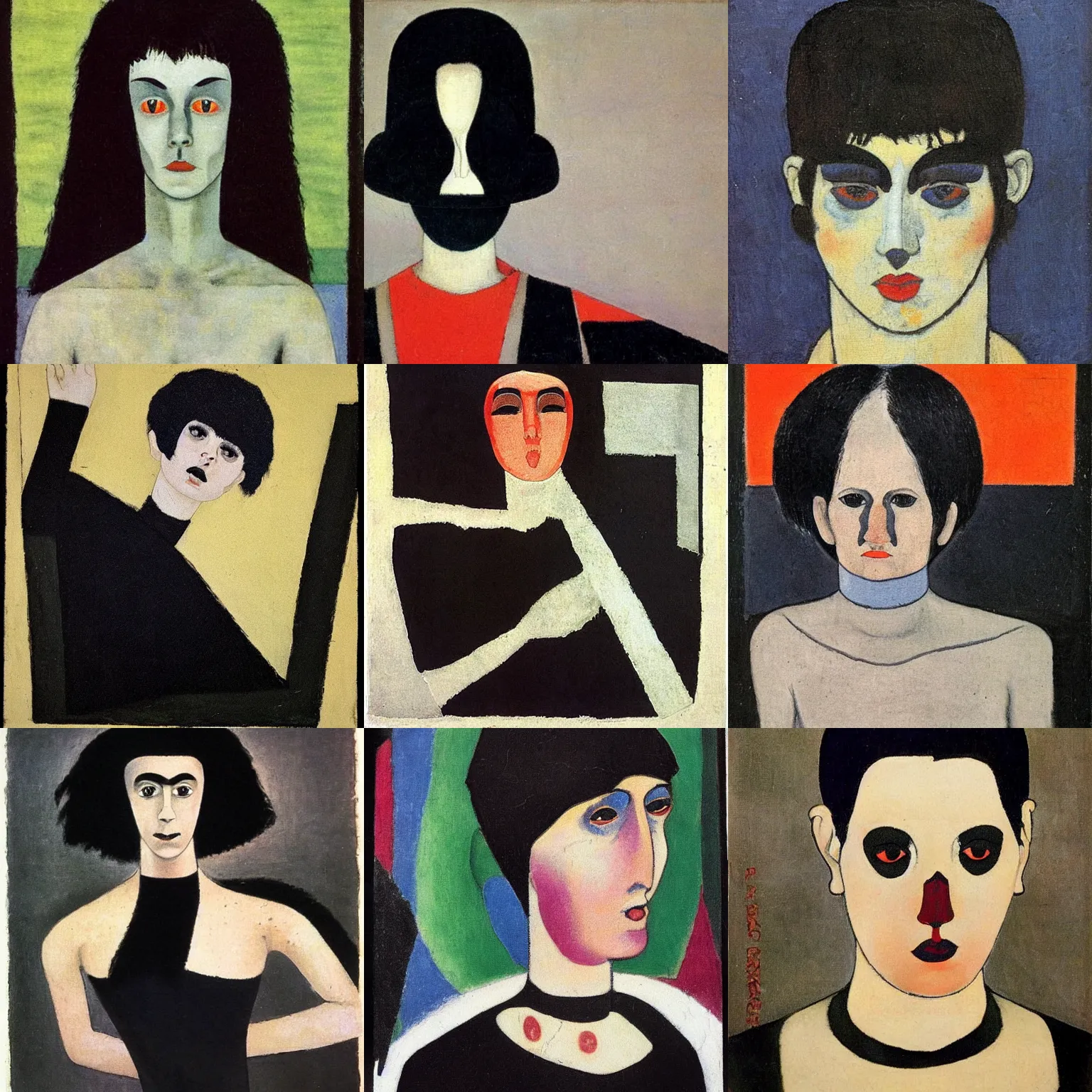 Prompt: A goth painted by Kazimir Malevich. Her hair is dark brown and cut into a short, messy pixie cut. She has a slightly rounded face, with a pointed chin, large entirely-black eyes, and a small nose. She is wearing a black tank top, a black leather jacket, a black knee-length skirt, a black choker, and black leather boots.