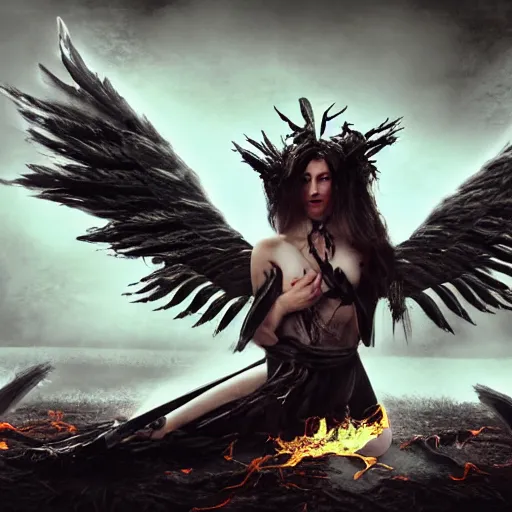 Image similar to fallen female archangel with black feathered wings, heavily scared and wounded from battle with devils, looks to be in grief, kneeling on the ground in a hellscape with a broken holy sword in front of her, and a pile of bones is aflame behind her. 4 k, hyper detailed, super realistic, dark fantasy