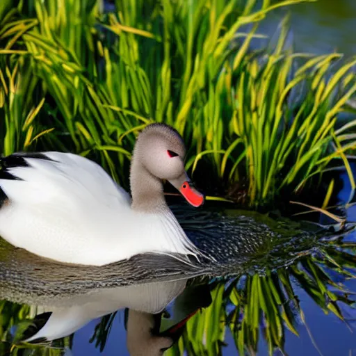 Image similar to a white crested duck in a pond at a part, realistic