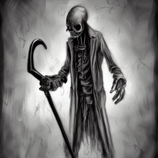 Prompt: surrealism grunge cartoon portrait sketch of the Grim Reaper with a scythe, by michael karcz, loony toons style, freddy krueger style, horror theme, detailed, elegant, intricate