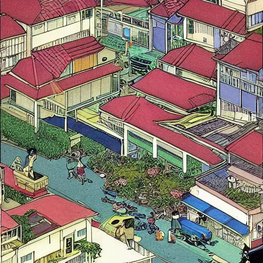 Image similar to a snapshot of daily life in a singaporean neighbourhood, by moebius