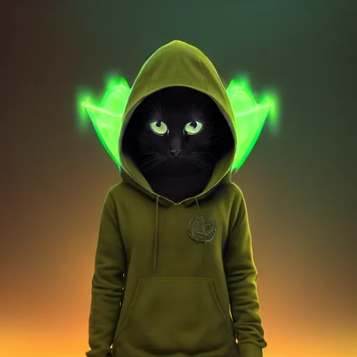 Image similar to a hacker cat, green hoodie accomplished look, dark background, shadows, portrait, fantasy, matte painting, bold shapes, hard edges, octane render, unreal engine