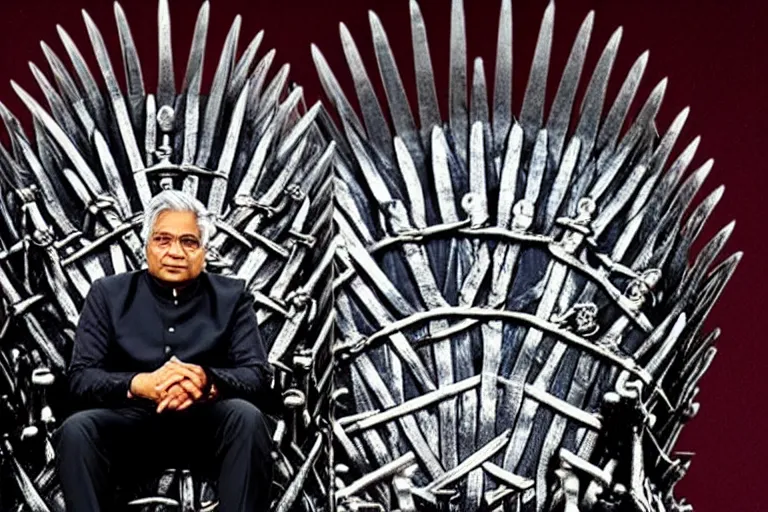 Image similar to Ranil Wickramasinghe sitting on the iron throne, closeup photograph, dark color scheme