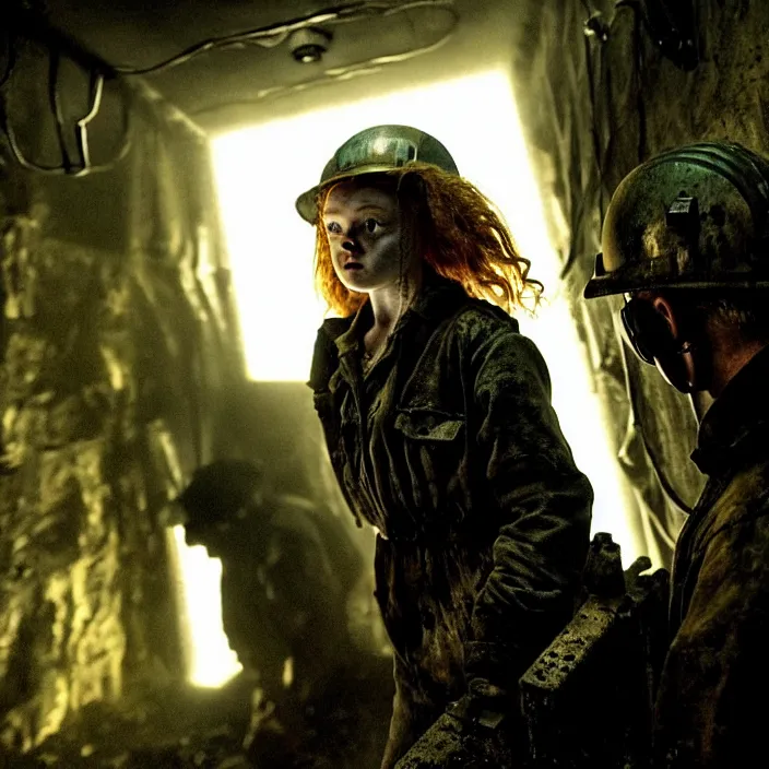 Image similar to sadie sink as a miner pushes a mine cart, emerges from the darkness. set in a dark coal mine. storyboard, scifi cyberpunk. by gabriel hardman, joe alves, chris bonura. cinematic atmosphere, detailed and intricate, perfect anatomy