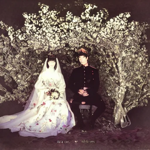 Prompt: A Russian and Japanese mix historical fantasy of a photograph portrait taken of inside a royal wedding floral covered isle inspired by a enchanted ethereal forest, 1907 photo from the official wedding photographer for the royal wedding.