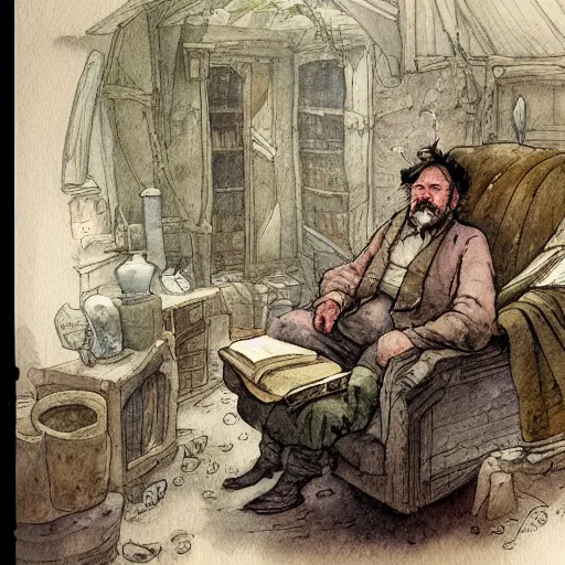 Image similar to a muted color watercolor sketch of a old man sitting in big chair next of a fireplace in his hobbit house living room surrounded by stacks of books from story book character ifrom the book Baltimore & Redingote by Jean-Baptiste Monge of an old man in the style of by Jean-Baptiste Monge that looks like its by Jean-Baptiste Monge and refencing Jean-Baptiste Monge