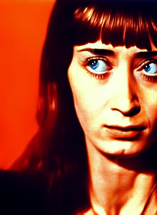 Image similar to 1973 film still from an Italian drama film of a bemused teenage Emily Blunt as the goddess of orange. staring intently at you. focused on her eyes. ultra detailed painting at 16K resolution and amazingly epic visuals. epically beautiful image. amazing effect, image looks gorgeously crisp as far as it's visual fidelity goes, absolutely outstanding. vivid clarity. ultra. iridescent. mind-breaking. mega-beautiful pencil shadowing. beautiful face. Ultra High Definition. godly shading. amazingly crisp sharpness. photorealistic film cel processed twice..