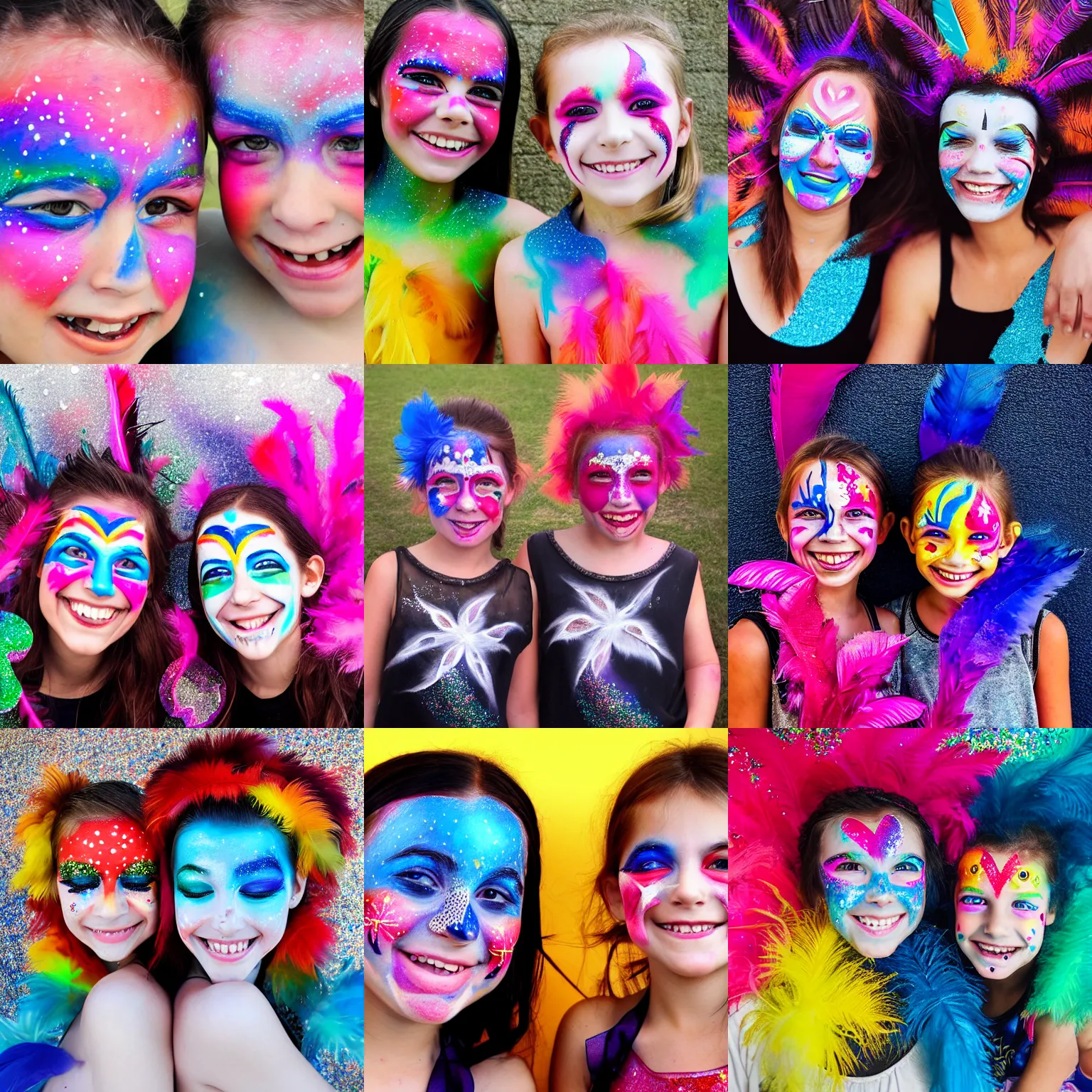 Prompt: two girls with face paint smiling for the camera, an airbrush painting by lucebert, instagram contest winner, synchromism, made of feathers, contest winner, glitter