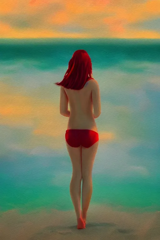 Image similar to red haired girl, green bikini, beach surreal photography, sunrise, dramatic light, impressionist painting, colorful clouds, digital painting, artstation, simon stalenhag raytracing