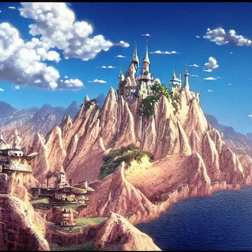 Prompt: A beautiful detailed landscape matte painting of Castle in the Sky, by Hayao Miyazaki