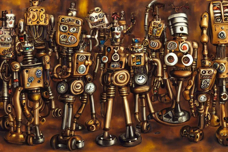 Image similar to steampunk robots dancing by otto dix, 4 k