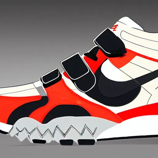 Image similar to retro futuristic Nike air trainer sneakers with straps by syd mead, grainy matte painting, geometric shapes