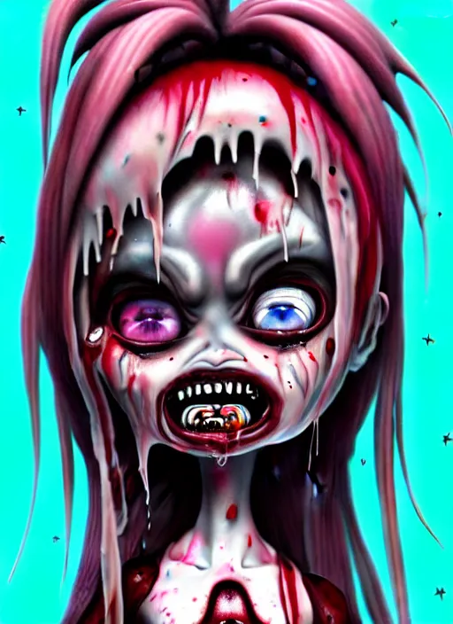 Prompt: a dramatic emotional hyperrealistic pop surrealist oil panting of a sad sobbing grotesque kawaii vocaloid figurine caricature screaming with a scrunched up red face uglycrying wrinkly featured in dead space by h r giger made of dripping paint splatters in the style of bratz, 😭 🤮 💕 🎀