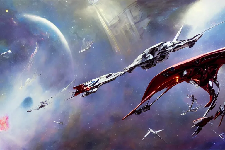 Prompt: gnostic space nebula framing a pteranodon mecha interceptor, small against the backdrop of space, white john berkey armor panels, wine-red and grey trim, robotech styling, with white Kanji markings outlined in black, boeing concept art painting, cinematic lighting, amazing lifelike cinematic photo render