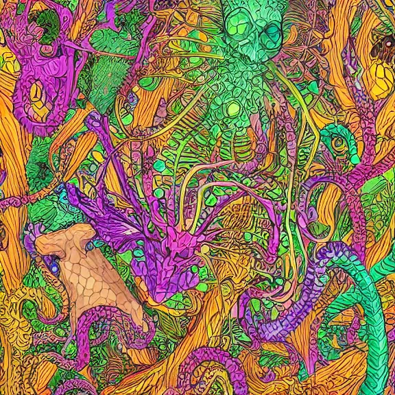 Prompt: Intricate lattice skeleton illustration in a maximalism style, little woodland creatures living in crevices, trending on Artstation. By Fernando Chamarelli and Matt Mills. F/11. Vivid colorful intricate, tendrils.
