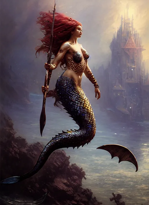 Image similar to a fierce mermaid warrior under water, fantasy character portrait, ultra realistic, concept art, intricate details, highly detailed by greg rutkowski, gaston bussiere, craig mullins, simon bisley