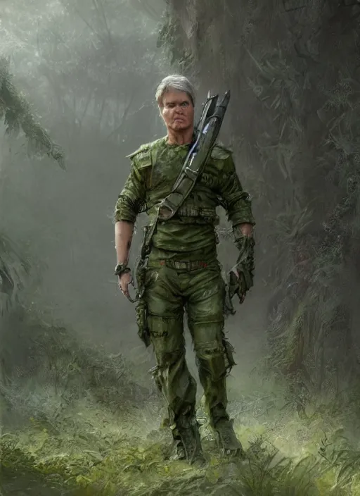 Image similar to portrait of a young richard dean anderson wearing a green combat uniform, in a post appocalyptic city overgrown by plants, by wlop, by luis royo, by greg rutkowski, cover illustration, concept art, volumetric lighting, volumetric atmosphere, sharp focus, octane render, trending on artstation, 8 k