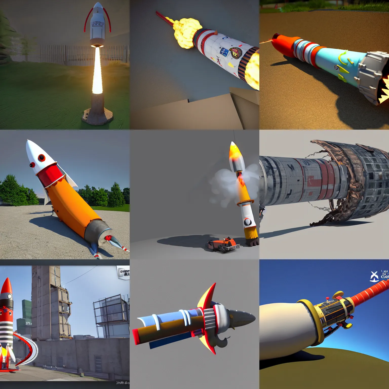 Prompt: 3 d model of a cartoon rocket with chainsaws attached, rendered in unreal engine