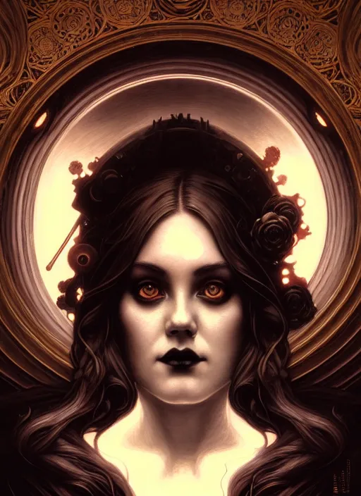 Image similar to portrait of the artis adele glowing eyes, volumetric lights, feast, music notes, art nouveau botanicals, gothic, intricate, highly detailed, digital painting, artstation, concept art, smooth, sharp focus, symmetric face, illustration, steampunk, art by artgerm and greg rutkowski and alphonse mucha