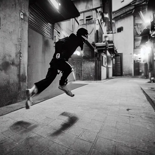 Image similar to photo of ninja running around the streets of Edo in parkour, motion blur