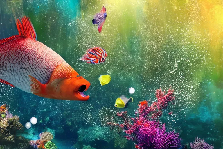 Image similar to ultra realistic underwater photography, panoramic picture of a river with ( subject : a very big exotic brightly coloured fish ). lots of bubbles. wavy, scattered light entering from the water surface, artstation, 8 k