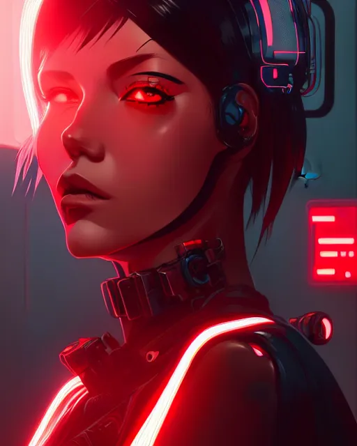 Image similar to a comic potrait of a cyberpunk cyborg girl with black and red parts, fine - face, realistic shaded perfect face, fine details. night setting. very anime style. realistic shaded lighting poster by ilya kuvshinov katsuhiro, unreal engine, global illumination, radiant light, detailed and intricate environment