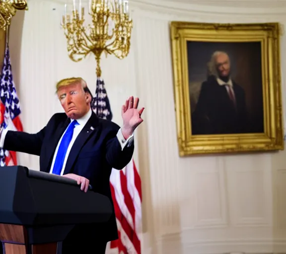 Image similar to Donald Trump showing off his tiny hands at a white house press conference, AP news photo, XF IQ4, 150MP, 50mm, F1.4, ISO 200, 1/160s, natural light