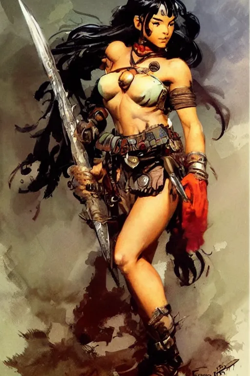 Image similar to a portrait of a cute warrior girl by frank frazetta and ross tran