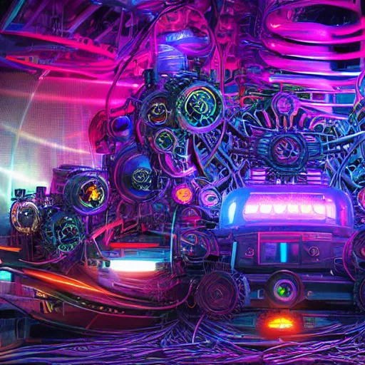 Prompt: album art for a trance dj, the word tripmachine, a huge steampunk mechanic machine with many gears and tubes and wires,, 8 k, fluorescent colors, halluzinogenic, multicolored, exaggerated detailed, front shot, 3 d render, octane