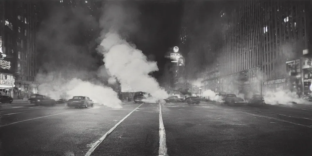 Image similar to a high resolution photo of a new york street at night surrounded with smoke and cars with bright headlights by joel meyerowitz, realistic photo, trending on artsation,