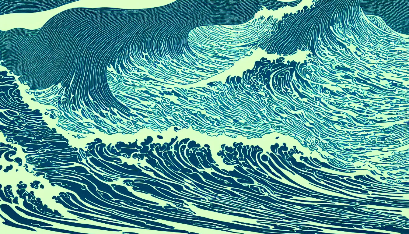 Prompt: ocean wave, land in sight by Kilian Eng, minimalist, detailed, woodblock print
