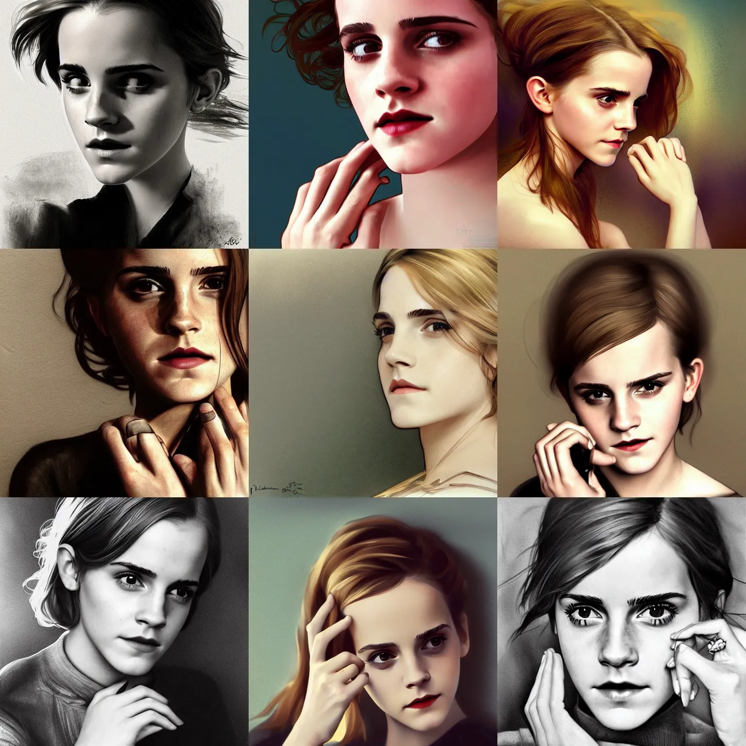 Prompt: photo Emma Watson showing her ring on finger, photo realistic, digital photograph painting, photo portrait, elegant, cinematic lighting, mysterious, highly detailed, artstation, concept art, photo illustration, smooth, sharp focus, editor's pickup, trending on artstation, trending on deviantart, alphonse mucha, WLOP, Cecil Beaton, Lee Miller, Irving Penn, David Bailey