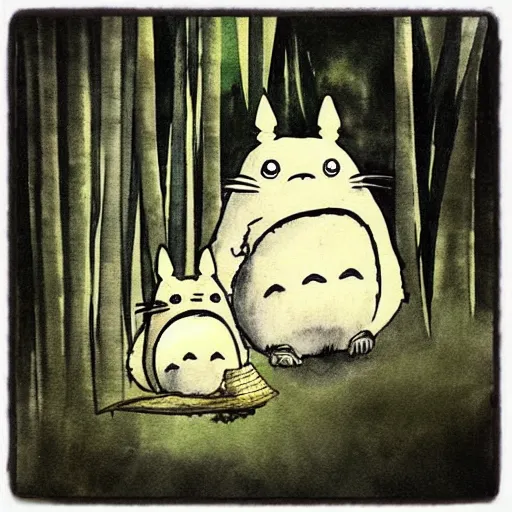 Prompt: “totoro surrounded by bamboo, ink wash painting”