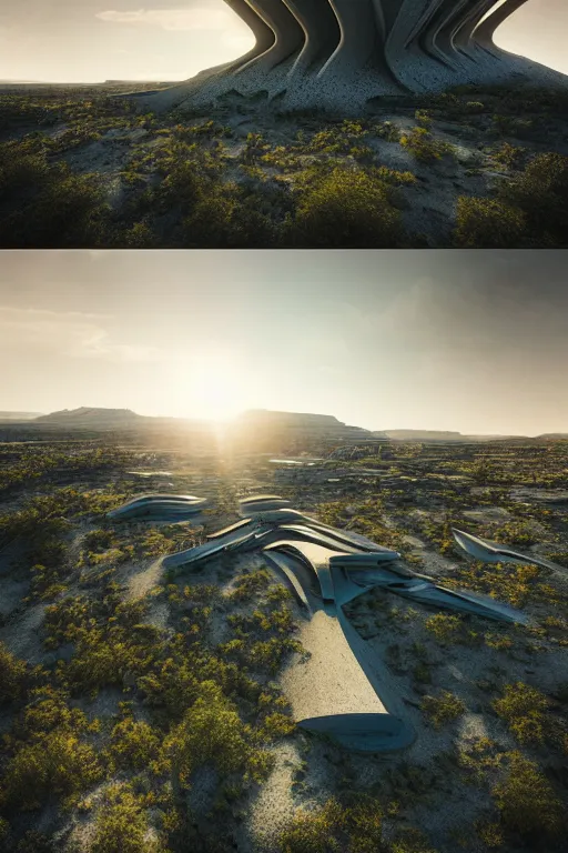 Image similar to sci - fi concrete brutalist architecture in white pocket utah, zaha hadid, beksinski, photoreal, highly detailed, 8 k, hd, vray, artstation, trending on behance, cinematic matte painting, extreme detail photo quality, green moss, sunrays, sunset, featured on behance