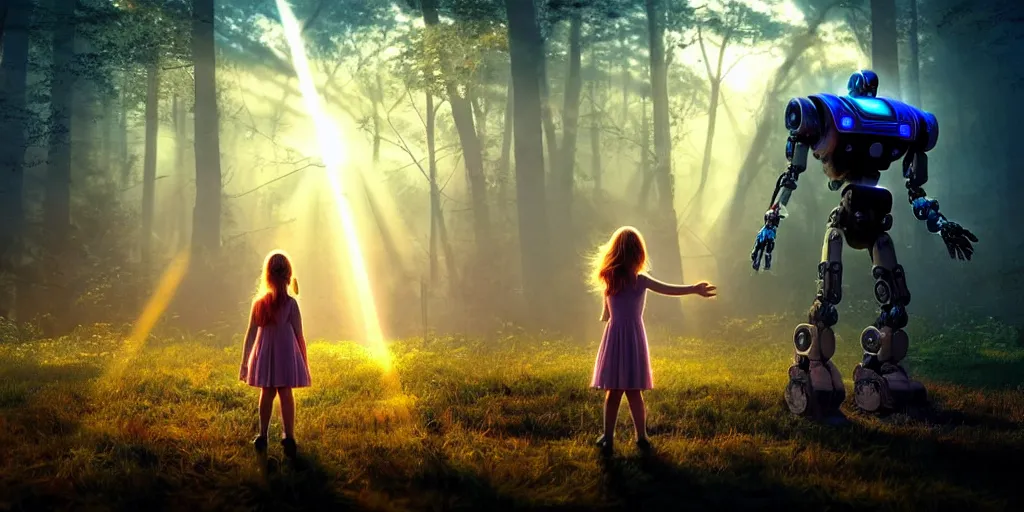 Image similar to sci - fi scene future new york, little girl alone holding onto the outstretched hand of a giant robot, forest punk, little girl meets robot, crepuscular rays, epic scene, hyper realistic, photo realistic, overgrowth, cinematic atmosphere, ethereal lighting,