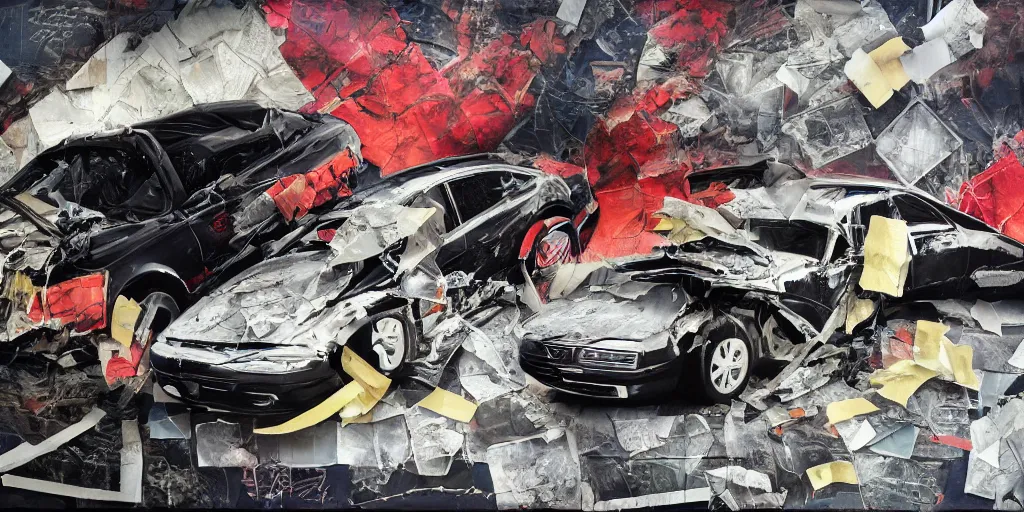 Prompt: car crash test, bank robbery, collage paper and tape, acrylic on canvas, hyperrealism mixed with expressionism, high resolution, cinematic, unreal 6 breathtaking detailed, by blake neubert