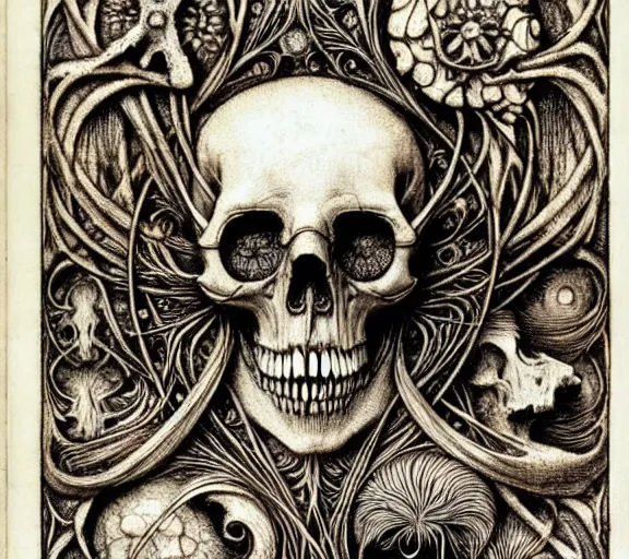 Image similar to memento mori by arthur rackham, art forms of nature by ernst haeckel, exquisitely detailed, art nouveau, gothic, ornately carved beautiful skull dominant, intricately carved antique bone, art nouveau botanicals, ornamental bone carvings, art forms of nature by ernst haeckel, horizontal symmetry, arthur rackham, ernst haeckel, symbolist, visionary