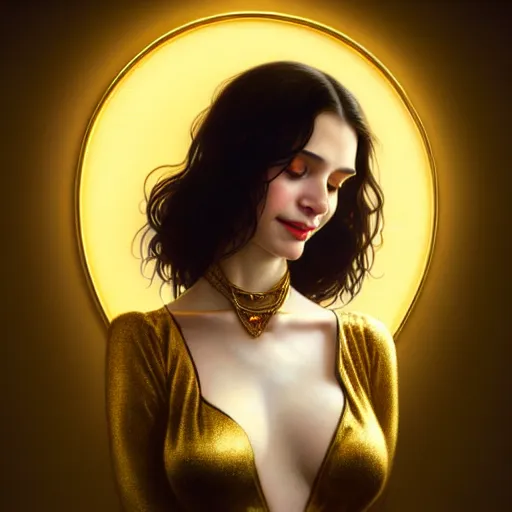 Image similar to portrait of a smiling, beautiful, pale skin eastern european female with long black hair, dark brown eyes, elegant clothing, photorealistic, highly detailed, artstation, smooth, sharp focus, gold ornaments, neon lighting, sci - fi, art by gustav klimt, artgerm, greg rutkowski and alphonse mucha