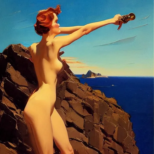 Image similar to an attractive female standing on a cliff, looking out at a red ocean, jc leyendecker!! phil hale!, angular, brush strokes, painterly, vintage, crisp