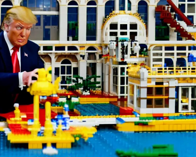 Prompt: color still photo of donald trump playing with mar - a - lago legos set, detailed