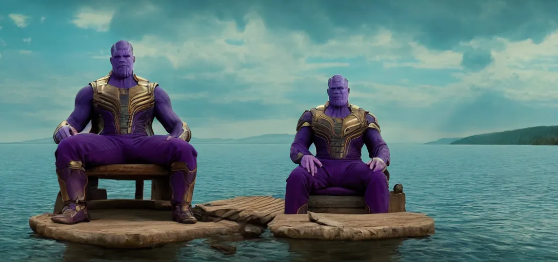 Image similar to a very high resolution image from a new movie. thanos sitting on chair in a lake, photorealistic, photography, directed by wes anderson