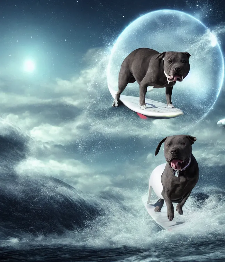 Image similar to photo of a dark gray coat pit bull with a white paws and a white nose!, surfing on a surfboard in a crashing wave of alien galaxy, trending on art station, ocean in space, background is an alien galaxy, aliens in the background, alien colors, octane render, unreal engine, wide view, 8 k, highly detailed