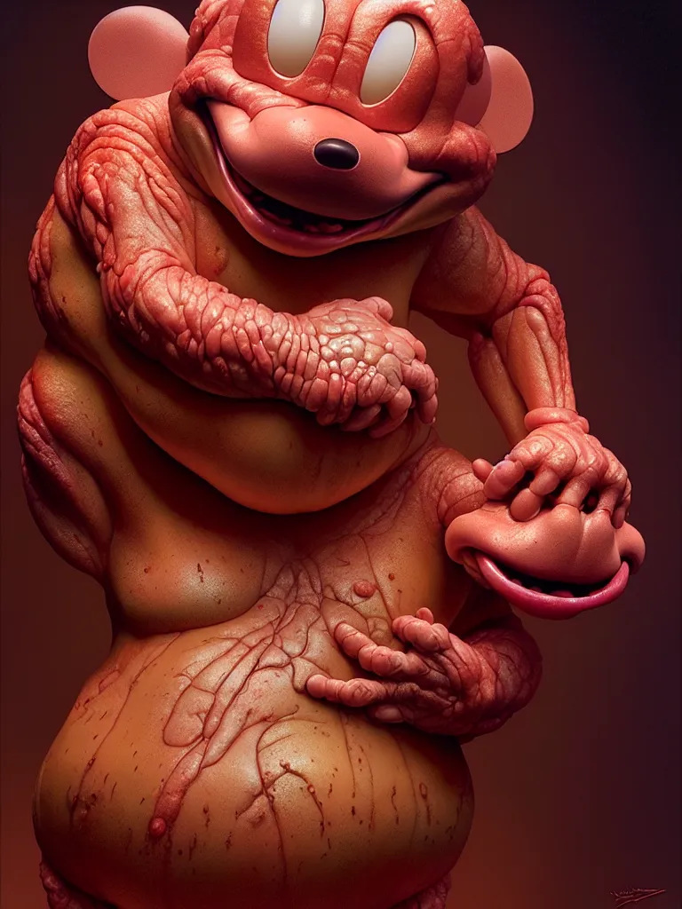 Prompt: hyperrealistic rendering, fat smooth cronenberg flesh monster mickey mouse by donato giancola and greg rutkowski and wayne barlow and zdzisław beksinski, product photography, action figure, sofubi, studio lighting, colored gels, colored background